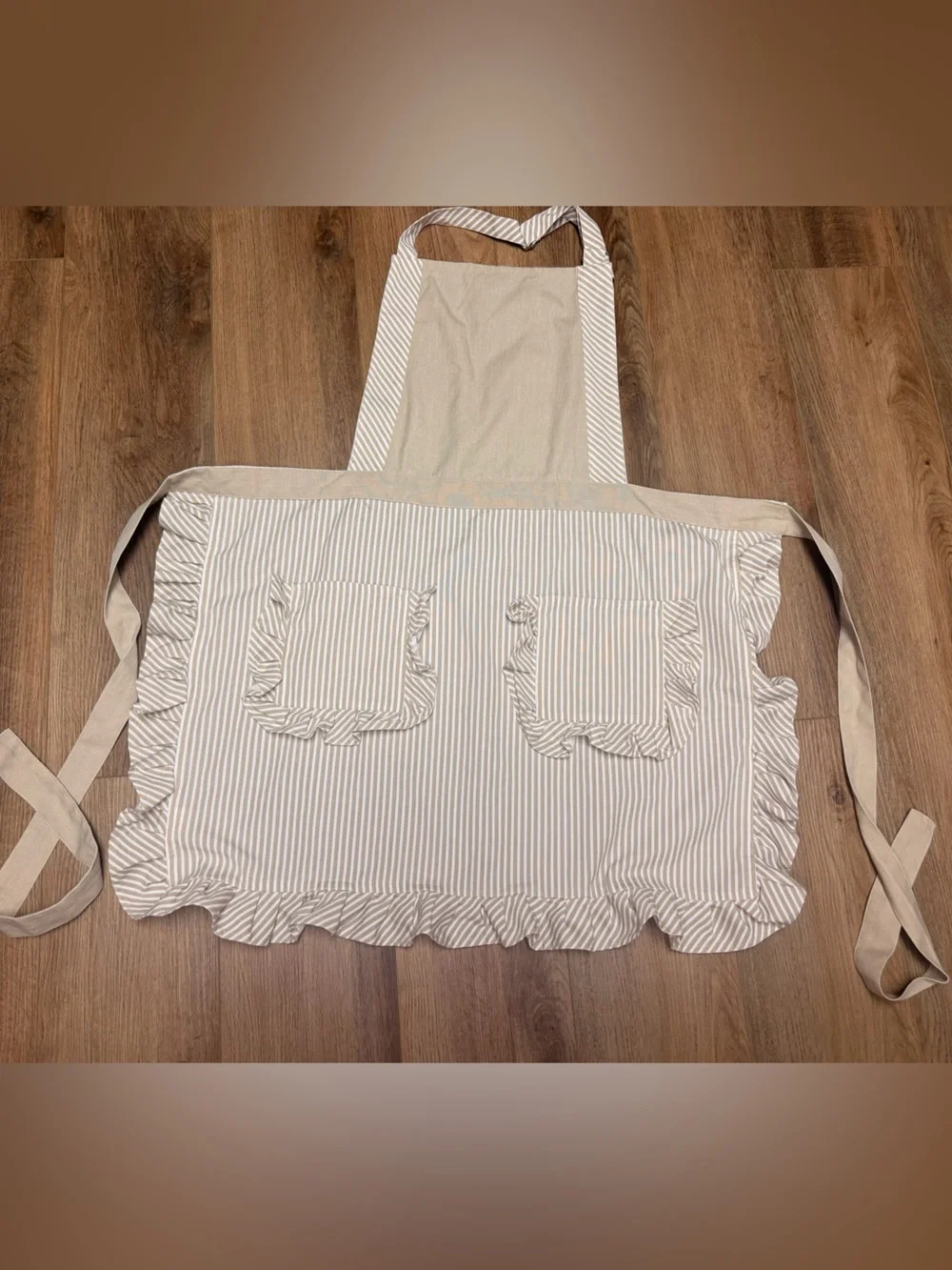 Ruffle Stripe Farmhouse Apron Neutral Beige Cottagecore Nancy Meyers Kitchen